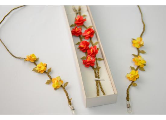 Eyeglasses Holder Strap Cord String Holder|OYA Art Crocheted  Chain Necklace| Red / Yellow 